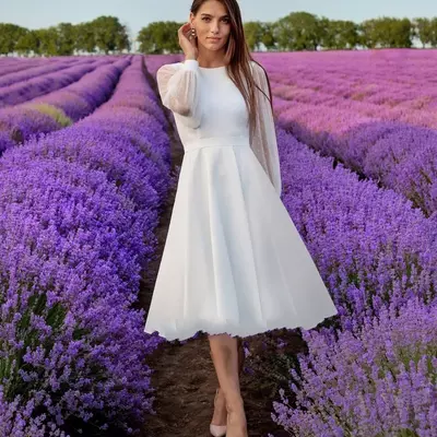 Elegant short wedding dress lace tulle modest long sleeve scoop bohemian beach garden bridal party gowns