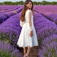 Elegant Short Wedding Dress Lace Tulle Modest Long Sleeve Scoop Bohemian Beach Garden Bridal Party Gowns - Thumbnail 2