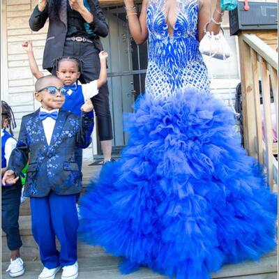 Royal blue mermaid beading crystals african prom dress black girl evening dress - Thumbnail 2