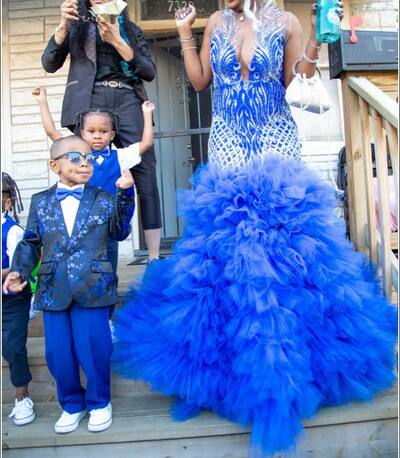 Royal Blue Mermaid Beading Crystals African Prom Dress Black Girl Evening Dress