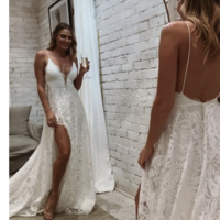 Spaghetti Straps Slit Side Wedding Dresses Bridal Gown - Thumbnail 1