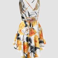 Deep V-Neck Backless Sleeveless Printed Jumpsuit - Thumbnail 3