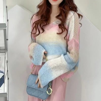 New gradient color loose sweater v neck mohair color striped lazy wind thin knit sweater - Thumbnail 4