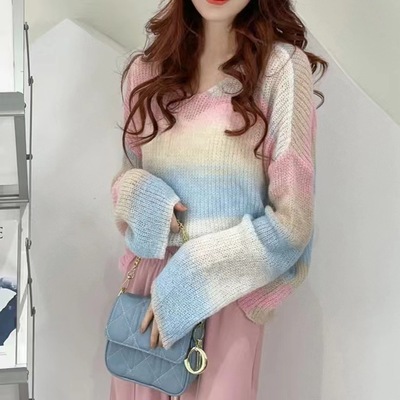 New Gradient Color Loose Sweater V Neck Mohair Color Striped Lazy Wind Thin Knit Sweater