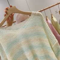 New Gradient Color Loose Sweater V Neck Mohair Color Striped Lazy Wind Thin Knit Sweater - Thumbnail 1