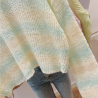 New Gradient Color Loose Sweater V Neck Mohair Color Striped Lazy Wind Thin Knit Sweater - Thumbnail 2