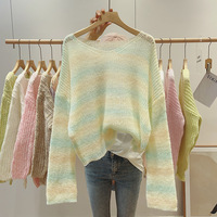 New Gradient Color Loose Sweater V Neck Mohair Color Striped Lazy Wind Thin Knit Sweater - Thumbnail 3