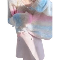 New Gradient Color Loose Sweater V Neck Mohair Color Striped Lazy Wind Thin Knit Sweater - Thumbnail 5