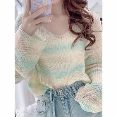 New gradient color loose sweater v neck mohair color striped lazy wind thin knit sweater