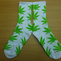 Weed Marijuana Pattern Crew Socks White/Parrot Green - Thumbnail 1