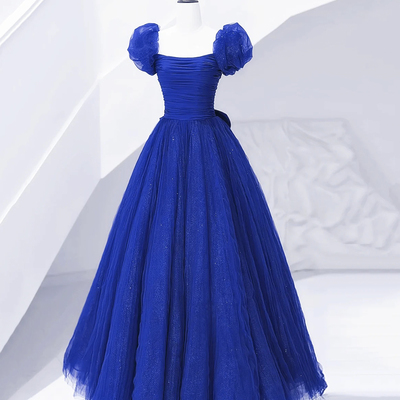 Royal blue tulle long prom dress with bow, blue short sleeve evening party dress - Thumbnail 1