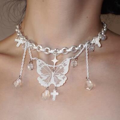 Butterfly multi-layer tassel y2k necklace choker - Thumbnail 2