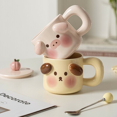 Cute animal pig/dog ceramic mug couple cup with lid and spoon