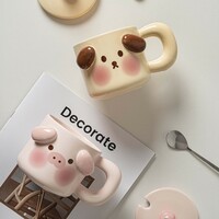 Cute animal pig/dog ceramic mug couple cup with lid and spoon - Thumbnail 1
