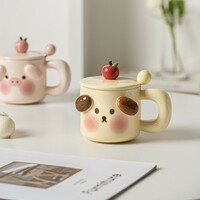 Cute animal pig/dog ceramic mug couple cup with lid and spoon - Thumbnail 2