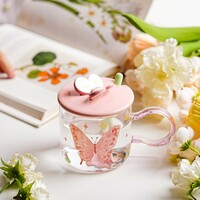 FREE SHIPPING - Pink butterfly glass with lid and spoon - Thumbnail 2