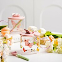 FREE SHIPPING - Pink butterfly glass with lid and spoon - Thumbnail 5