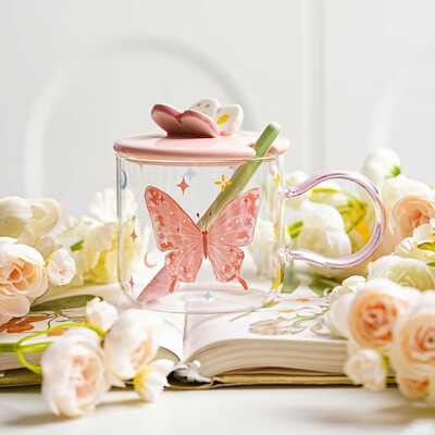 FREE SHIPPING - Pink butterfly glass with lid and spoon