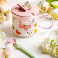 FREE SHIPPING - Pink butterfly glass with lid and spoon - Thumbnail 1