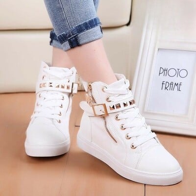 Solid color rivet high canvas shoes casual shoes - Thumbnail 3