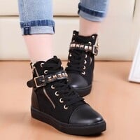 Solid Color Rivet High Canvas Shoes Casual Shoes - Thumbnail 2