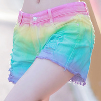 Original Hand-Dye Rainbow Shorts Low Rise Ripped Denim Shorts - Thumbnail 1
