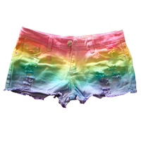 Original Hand-Dye Rainbow Shorts Low Rise Ripped Denim Shorts - Thumbnail 5