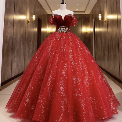 Burgundy velvet tulle long formal dresses, burgundy off shoulder evening dresses - Thumbnail 1