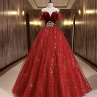 Burgundy Velvet Tulle Long Formal Dresses, Burgundy Off Shoulder Evening Dresses - Thumbnail 2