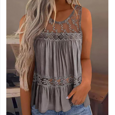 Lace stitching ruffled round neck tank top shirt