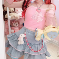 Y2K Sweet Cute Pink & Blue Rim Blue Denim Layered Short Mini Skirt - Thumbnail 3