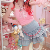 Y2K Sweet Cute Pink & Blue Rim Blue Denim Layered Short Mini Skirt - Thumbnail 4