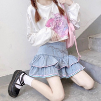 Y2K Sweet Cute Pink & Blue Rim Blue Denim Layered Short Mini Skirt - Thumbnail 1