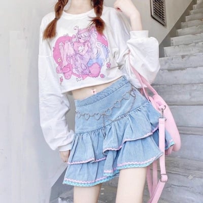 Y2k sweet cute pink & blue rim blue denim layered short mini skirt