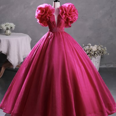 Hot pink v-neck tulle long prom dresses, beautiful sweet 16 dresses