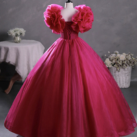 Hot Pink V-Neck Tulle Long Prom Dresses, Beautiful Sweet 16 Dresses - Thumbnail 3