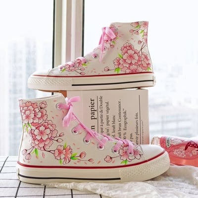 Summer new cherry blossom canvas shoes high-top lace-up sweet hand-painted peach blossom sneakers - Thumbnail 1