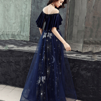 Elegant Velvet Tulle Long Formal Dress, Navy Blue Party Dress - Thumbnail 1