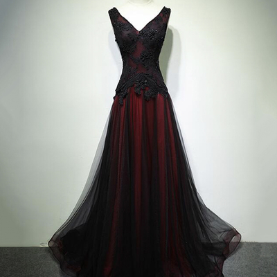 Black and red v-neck tulle prom dress, lace long evening dress - Thumbnail 1