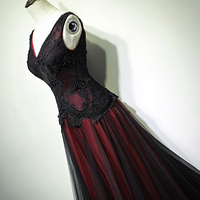 Black and Red V-Neck Tulle Prom Dress, Lace Long Evening Dress - Thumbnail 2