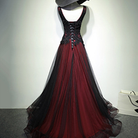 Black and Red V-Neck Tulle Prom Dress, Lace Long Evening Dress - Thumbnail 3