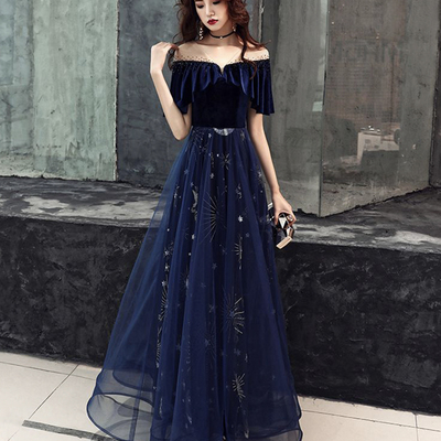 Elegant velvet tulle long formal dress, navy blue party dress - Thumbnail 1