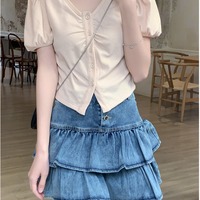 New style high waist lace cake skirt denim skirt - Thumbnail 4