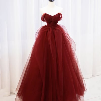Burgundy tulle long formal dress, burgundy off shoulder evening dress - Thumbnail 1