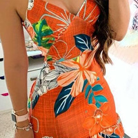 V-Neck Sling Sleeveless Printed Dress - Thumbnail 1
