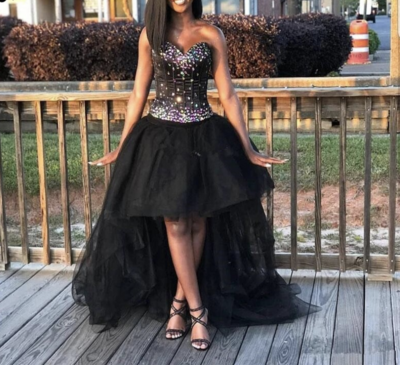 Hi Low Black Prom Dresses Homecoming Dress with Rhinestones