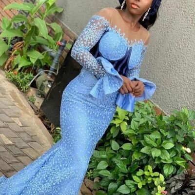 Blue mermaid sheer long sleeve lace  african prom dress black girl evening dress - Thumbnail 2