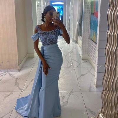 Blue mermaid beading crystals african prom dress black girl evening dress - Thumbnail 3