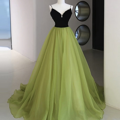 Black and green tulle long prom dress, green v-neck evening dress - Thumbnail 1
