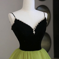 Black and Green Tulle Long Prom Dress, Green V-Neck Evening Dress - Thumbnail 1